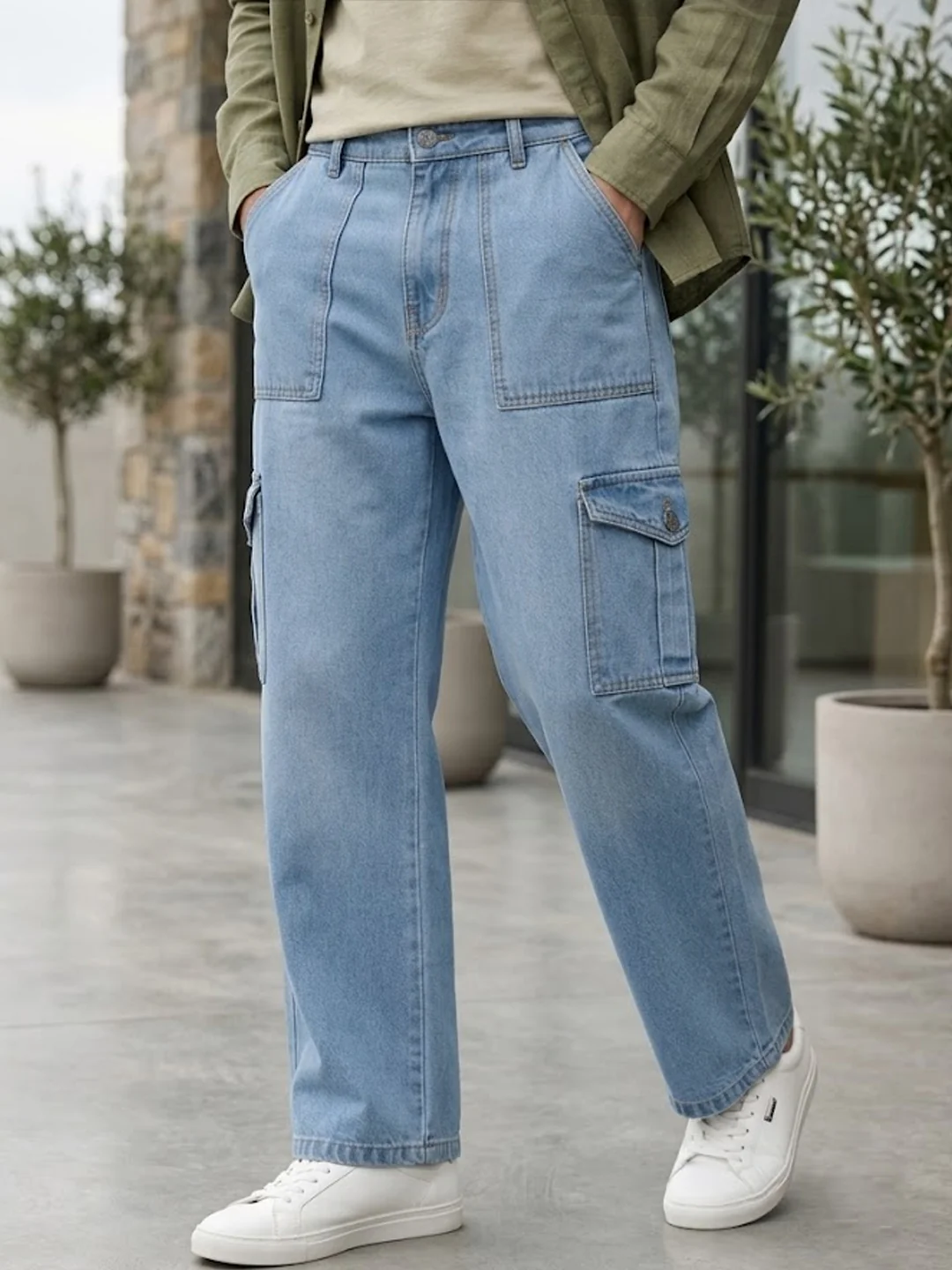 Ice Blue Cargo Jeans with 6 Pockets